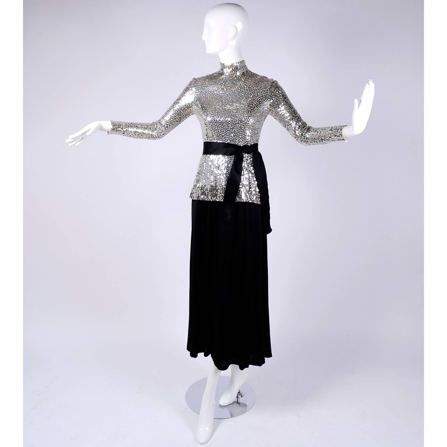 Norman Norell Vintage Dress Two Piece Silver Sequins Evening Top and Black Skirt 1