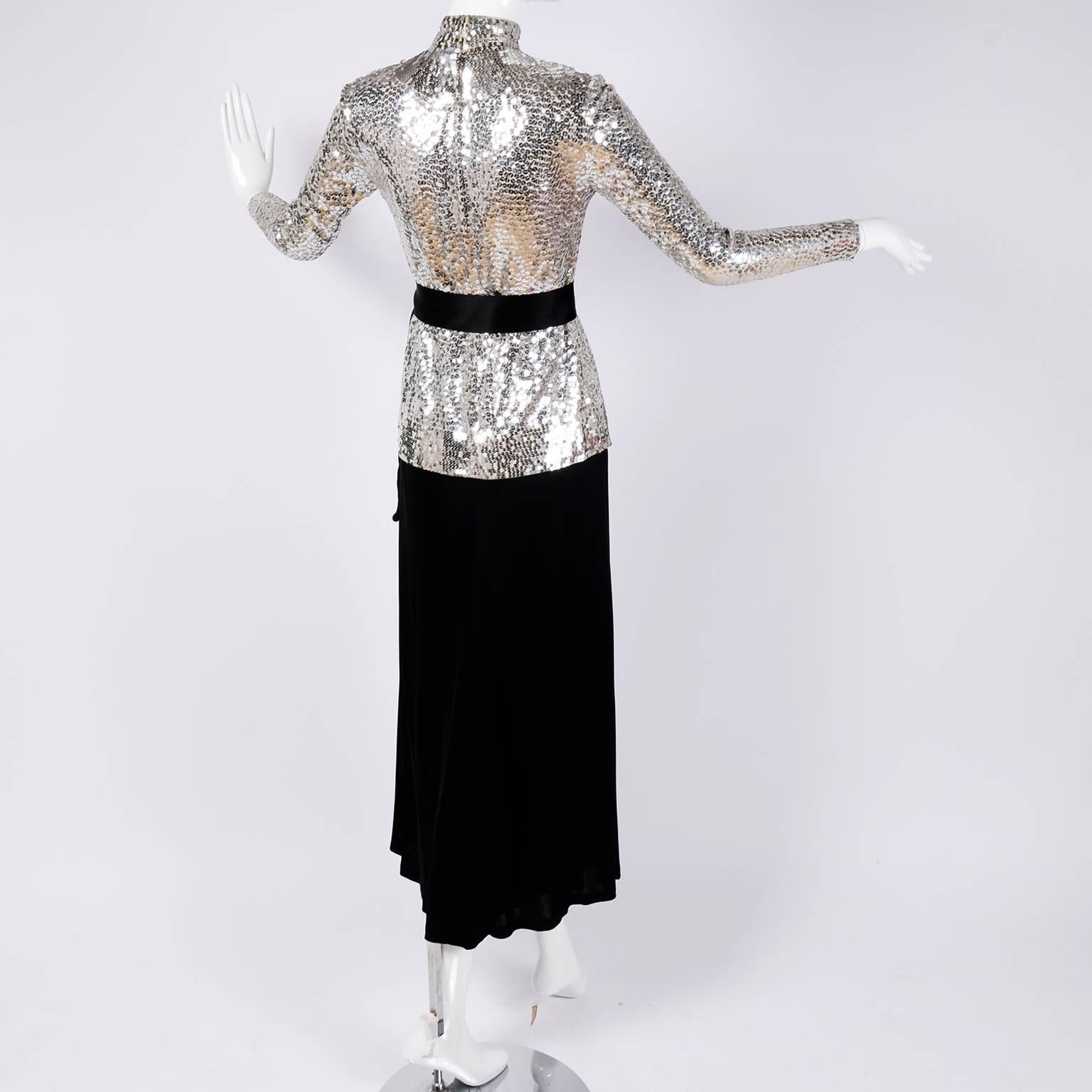 Norman Norell Vintage Dress Two Piece Silver Sequins Evening Top and Black Skirt In Good Condition In Portland, OR
