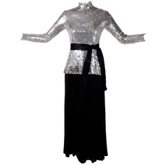 Norman Norell Vintage Dress Two Piece Silver Sequins Evening Top and Black Skirt