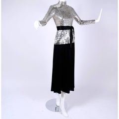 Norman Norell Vintage Dress Two Piece Silver Sequins Evening Top and Black Skirt