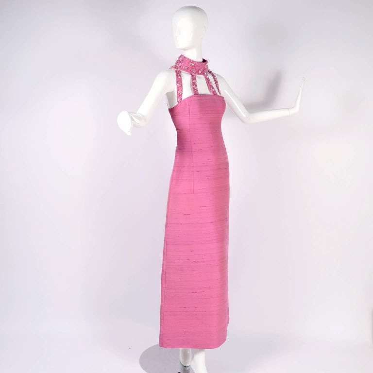 Pierre Cardin Cutwork and Jeweled Cage Neck Pink Evening Gown / Dress, 1966  7