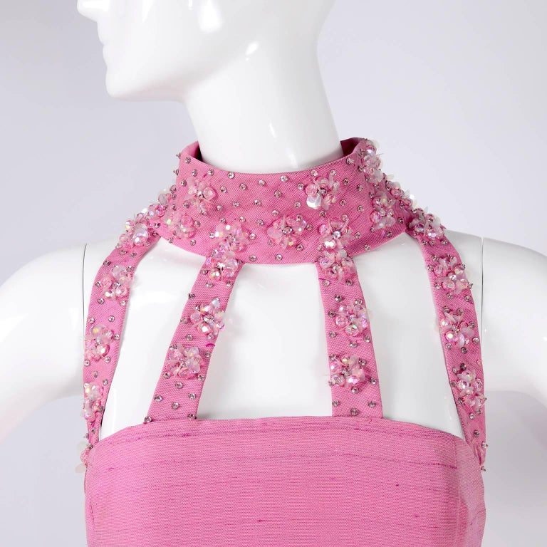 Pierre Cardin Cutwork and Jeweled Cage Neck Pink Evening Gown / Dress, 1966  In Good Condition In Portland, OR