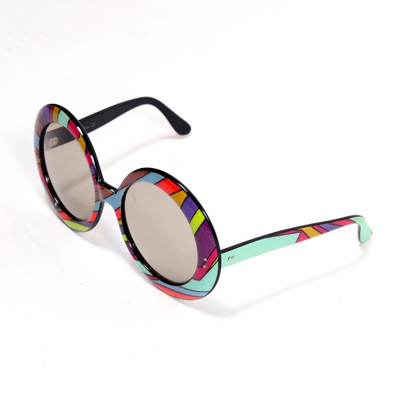 Brown Emilio Pucci Vintage Oversized Round Colorful Print Sunglasses 