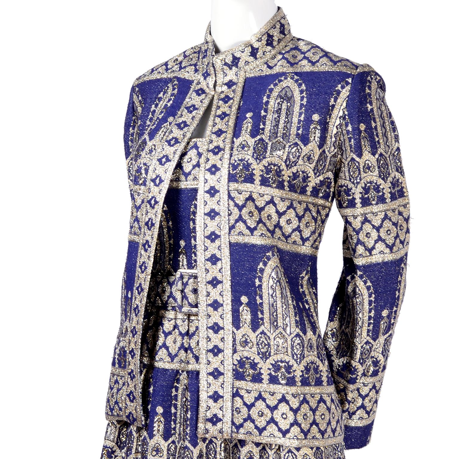 Gray Oscar de la Renta Vintage Dress & Jacket in Royal Blue & Silver Metallic Brocade