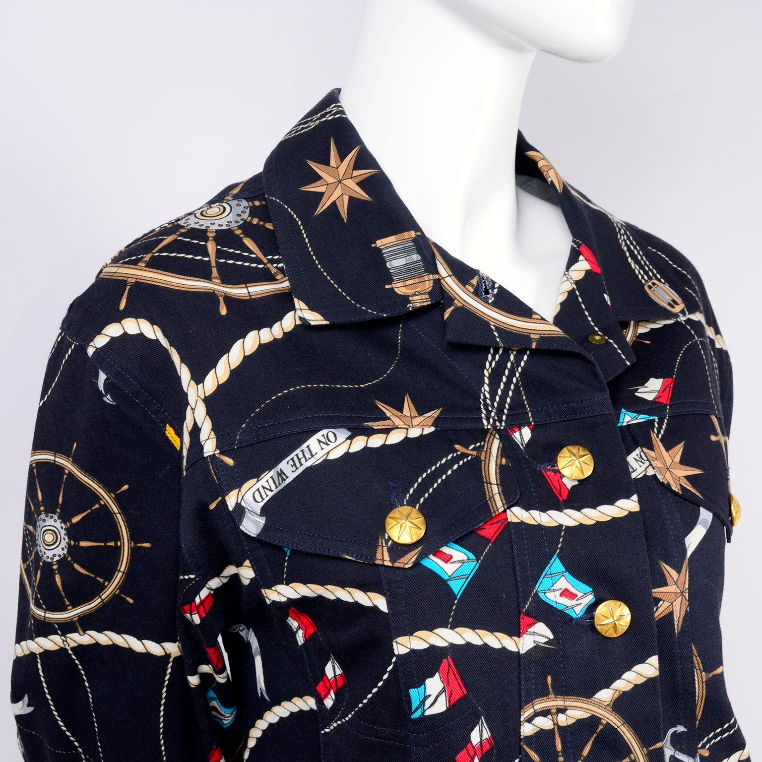 Mondi Vintage Skirt & Jacket in Black Denim Nautical Print W/ Gold Star Button 1