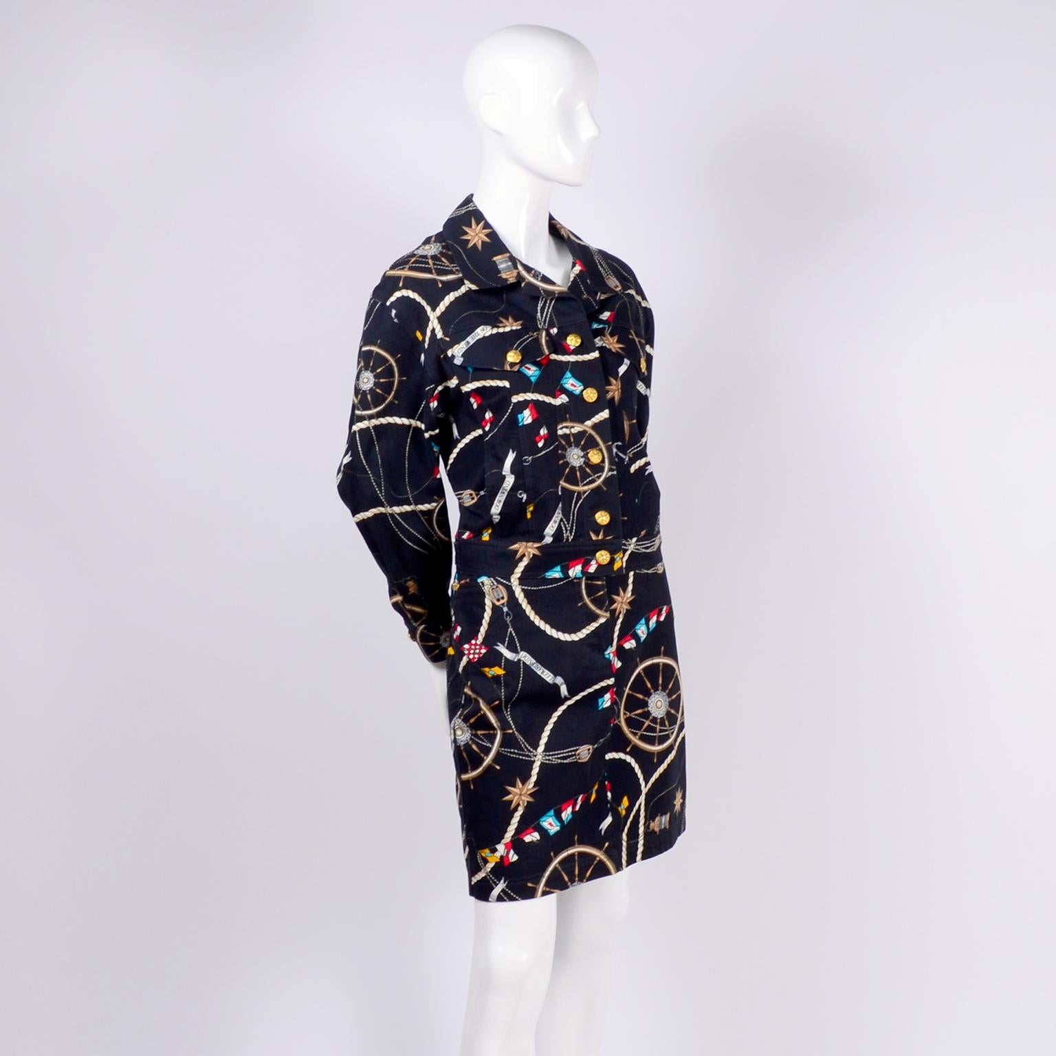 Mondi Vintage Skirt & Jacket in Black Denim Nautical Print W/ Gold Star Button 9