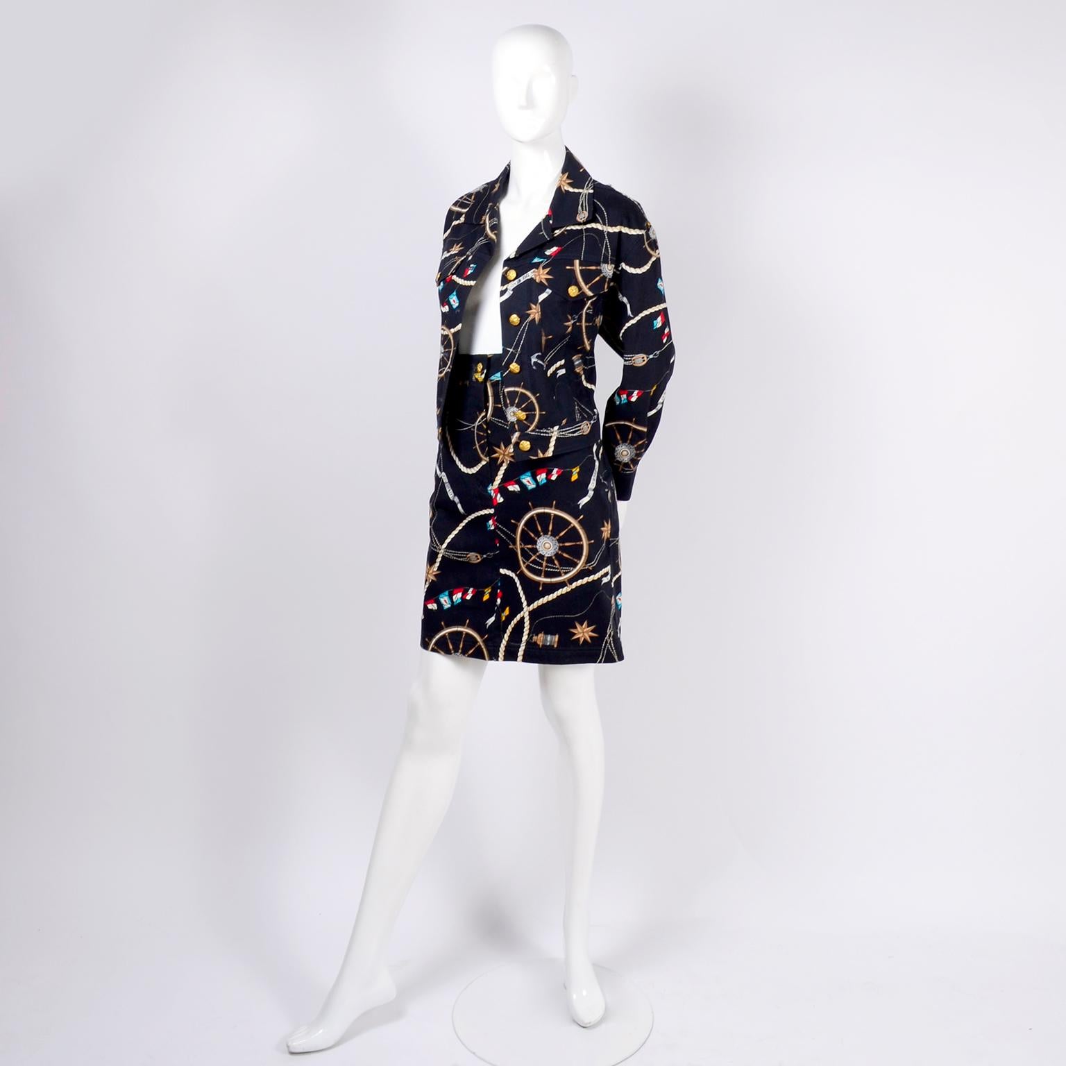 Mondi Vintage Skirt & Jacket in Black Denim Nautical Print W/ Gold Star Button 5
