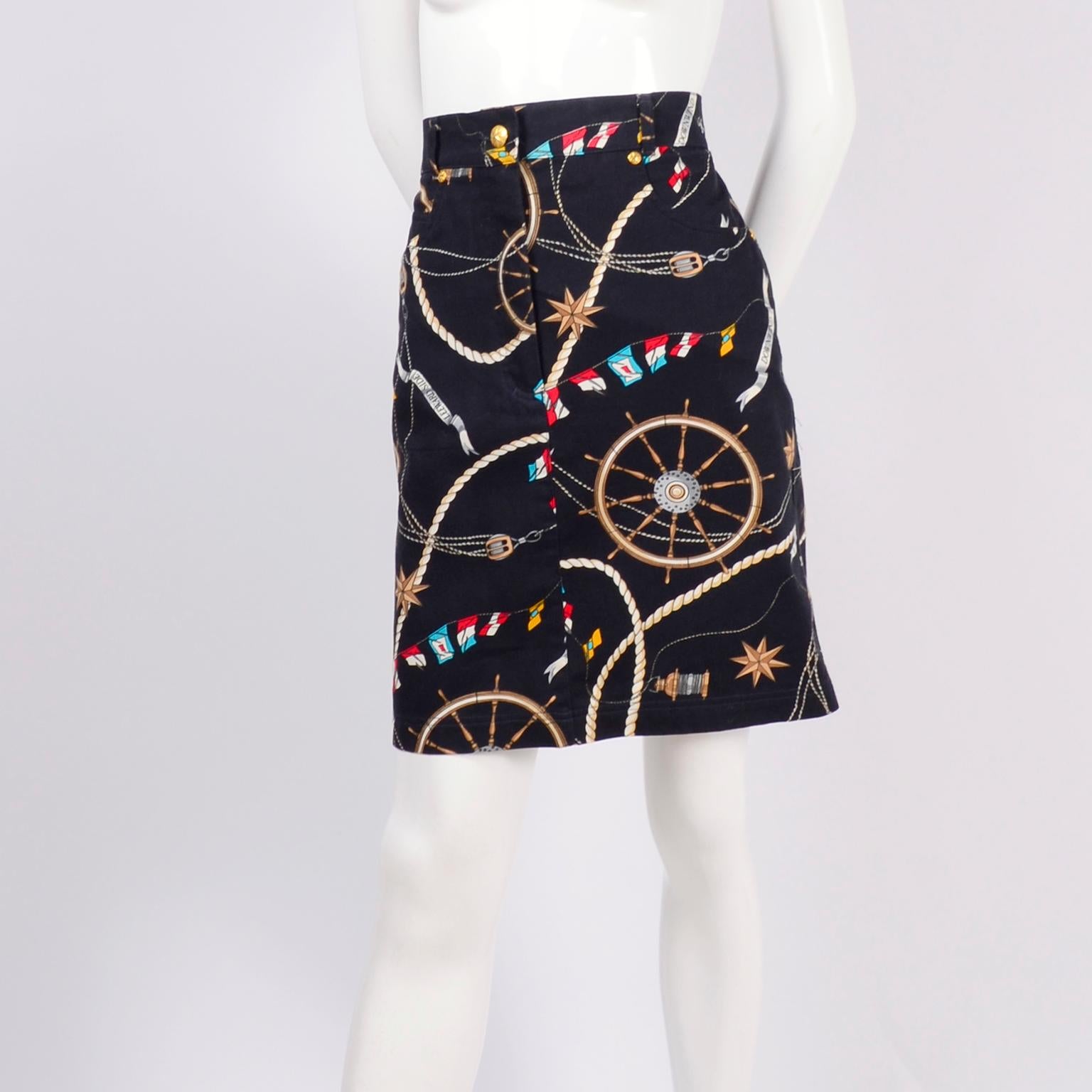 Mondi Vintage Skirt & Jacket in Black Denim Nautical Print W/ Gold Star Button 6