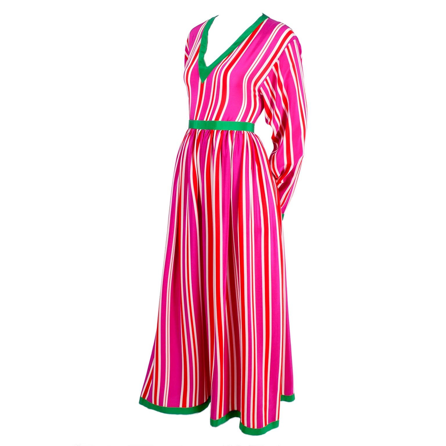 Oscar de la Renta 2 Piece Silk Dress Pink Red & White Stripes W/ Top & Skirt 8