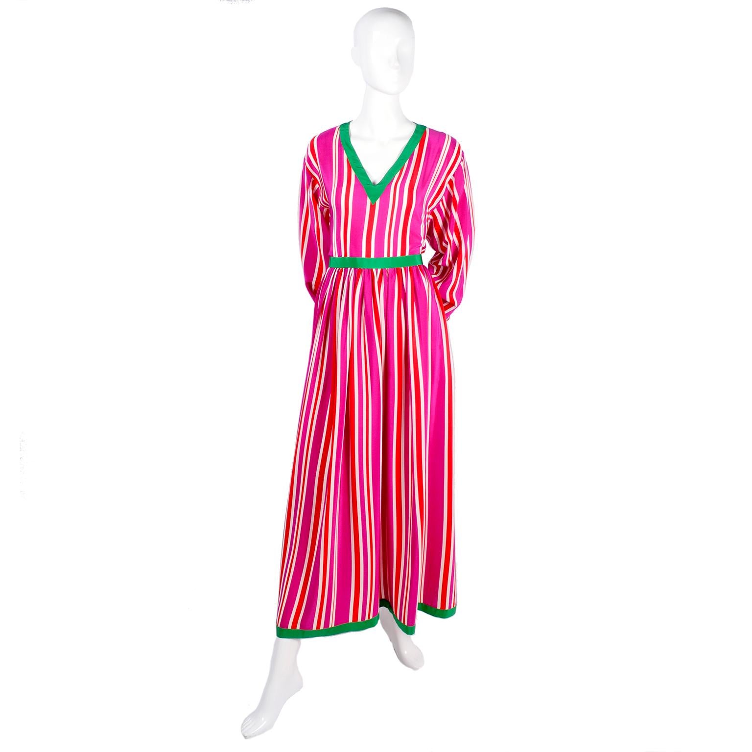 Oscar de la Renta 2 Piece Silk Dress Pink Red & White Stripes W/ Top & Skirt 8 1
