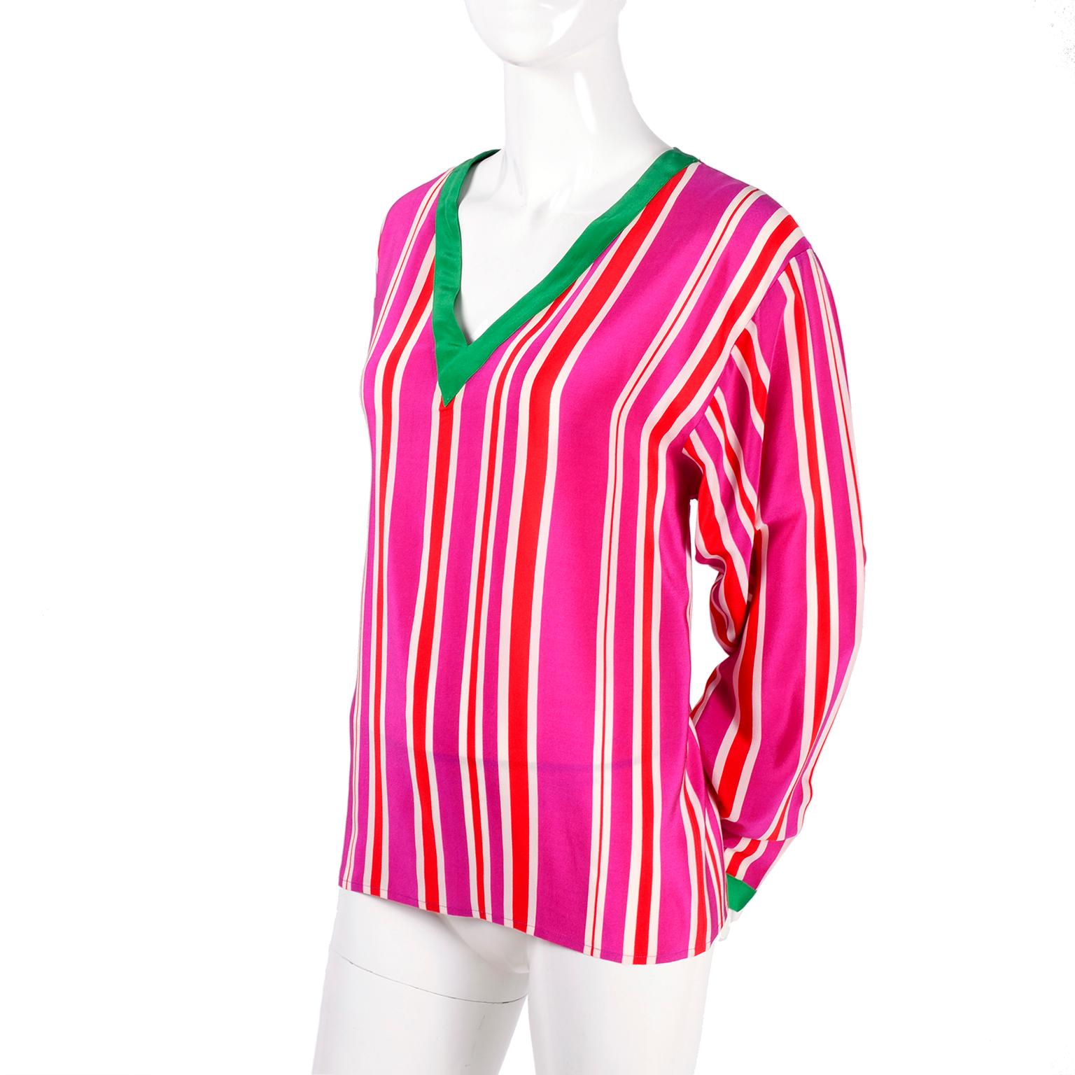 Oscar de la Renta 2 Piece Silk Dress Pink Red & White Stripes W/ Top & Skirt 8 In Excellent Condition In Portland, OR