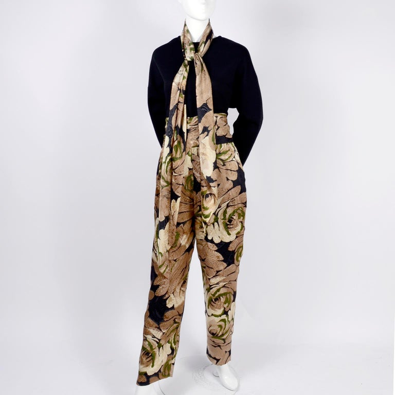 Incredible 1970s Bill Blass Floral Metallic Thread Embroidered Silk Harem Pants