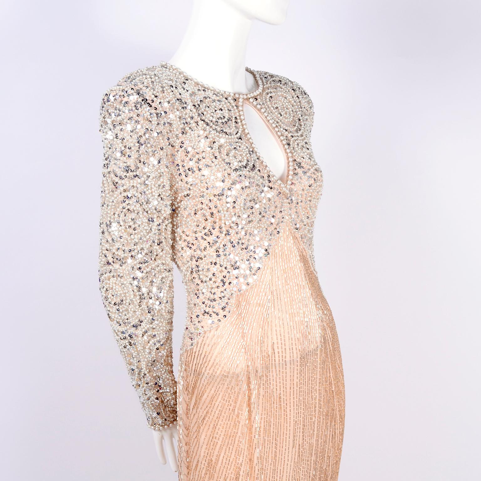 Oleg Cassini Vintage Pink Silk Beaded Dress Evening Gown With Pearls and Sequins 4