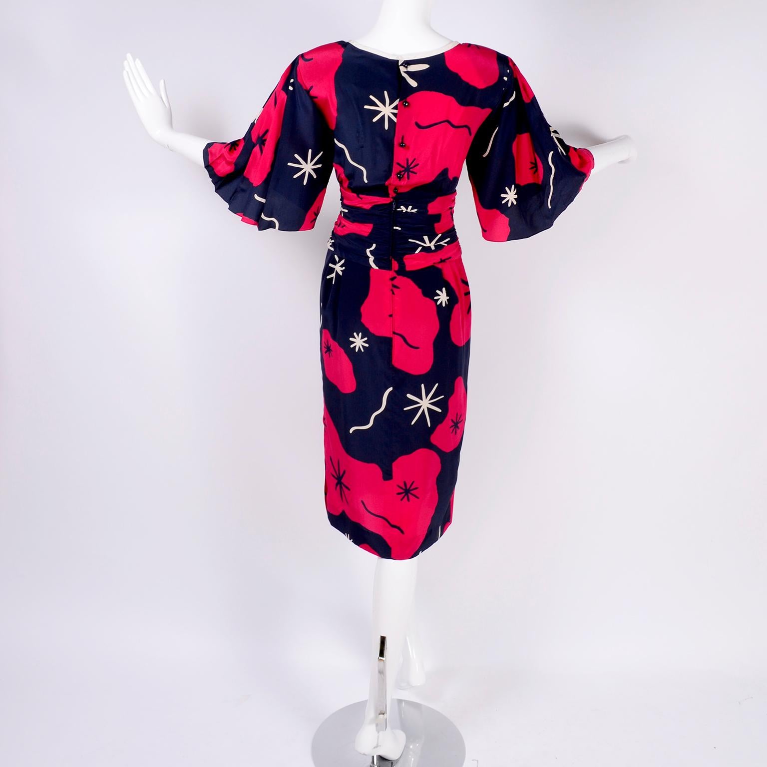 Black Mona Routier Paris Vintage Dress in Silk Red & Blue Starburst Asterisk Print