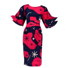 Mona Routier Paris Vintage Dress in Silk Red & Blue Starburst Asterisk Print