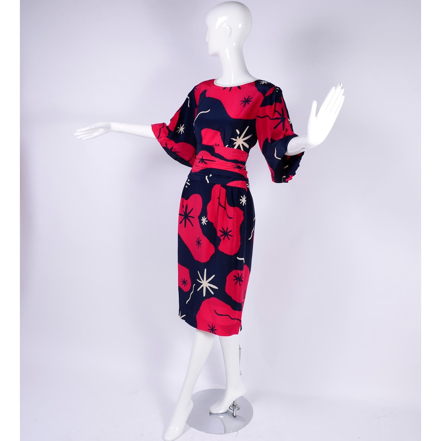 Women's Mona Routier Paris Vintage Dress in Silk Red & Blue Starburst Asterisk Print
