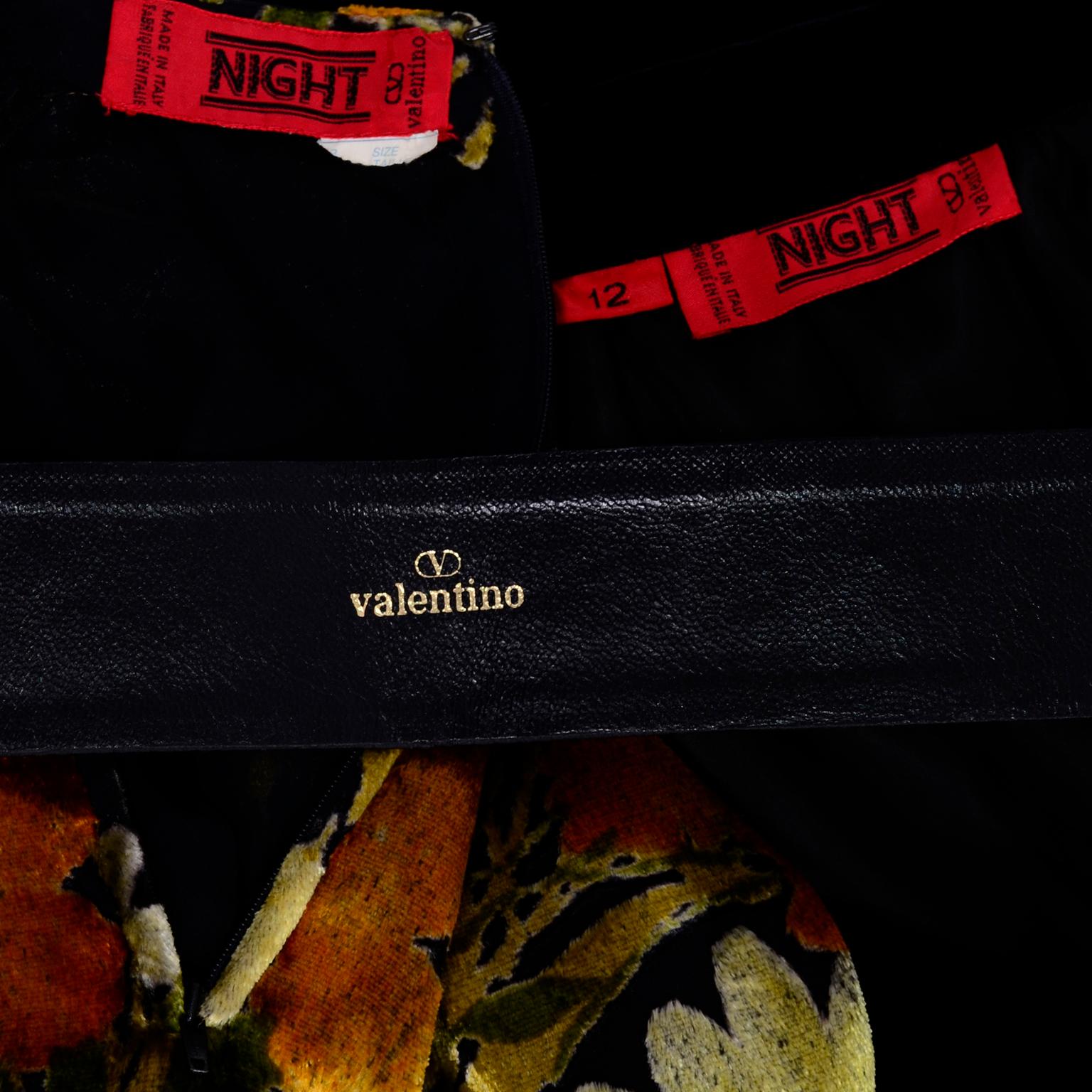 Valentino Vintage 2 Piece Dress Yellow Burn Out Velvet Top & Black Velvet Skirt For Sale 4