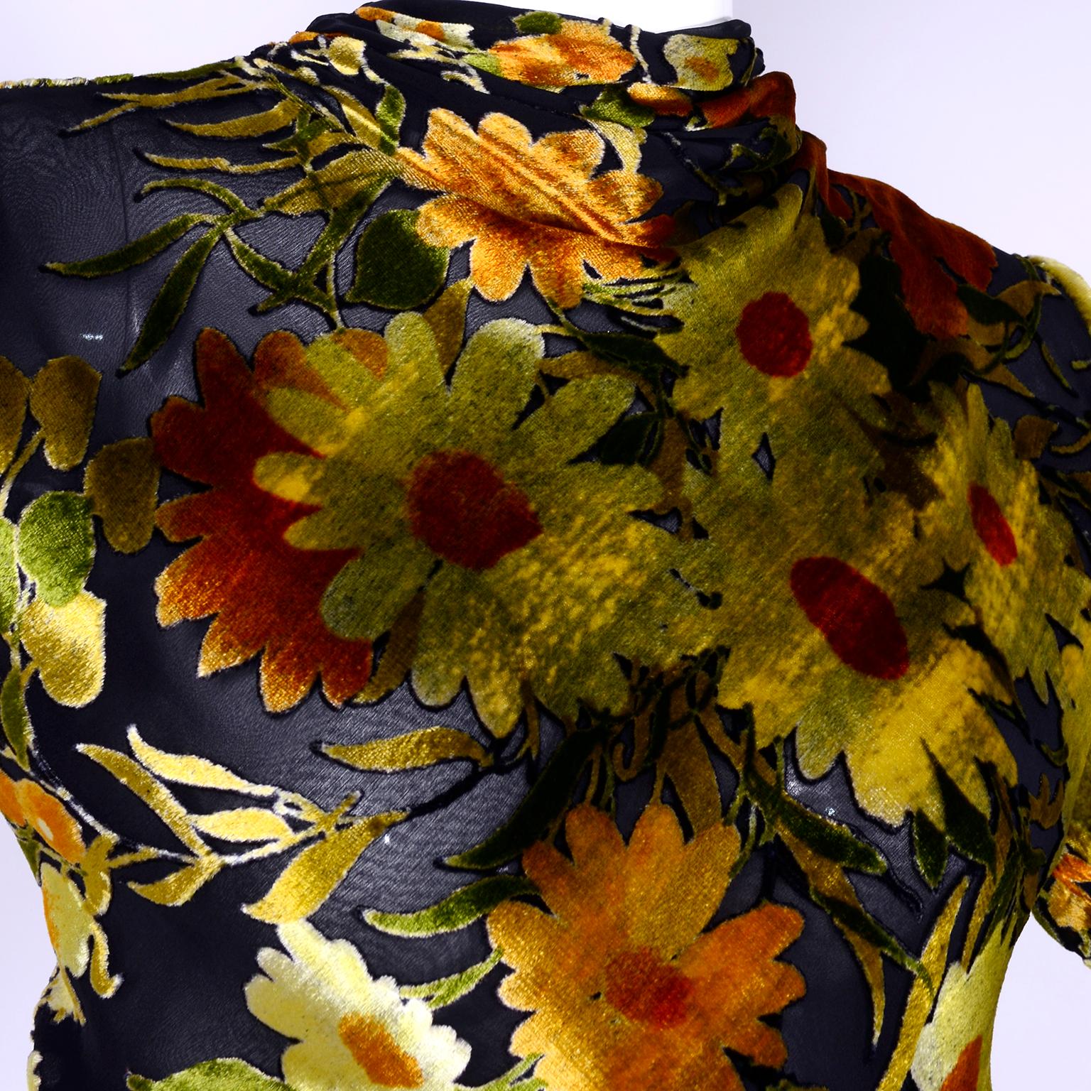 Women's Valentino Vintage 2 Piece Dress Yellow Burn Out Velvet Top & Black Velvet Skirt For Sale