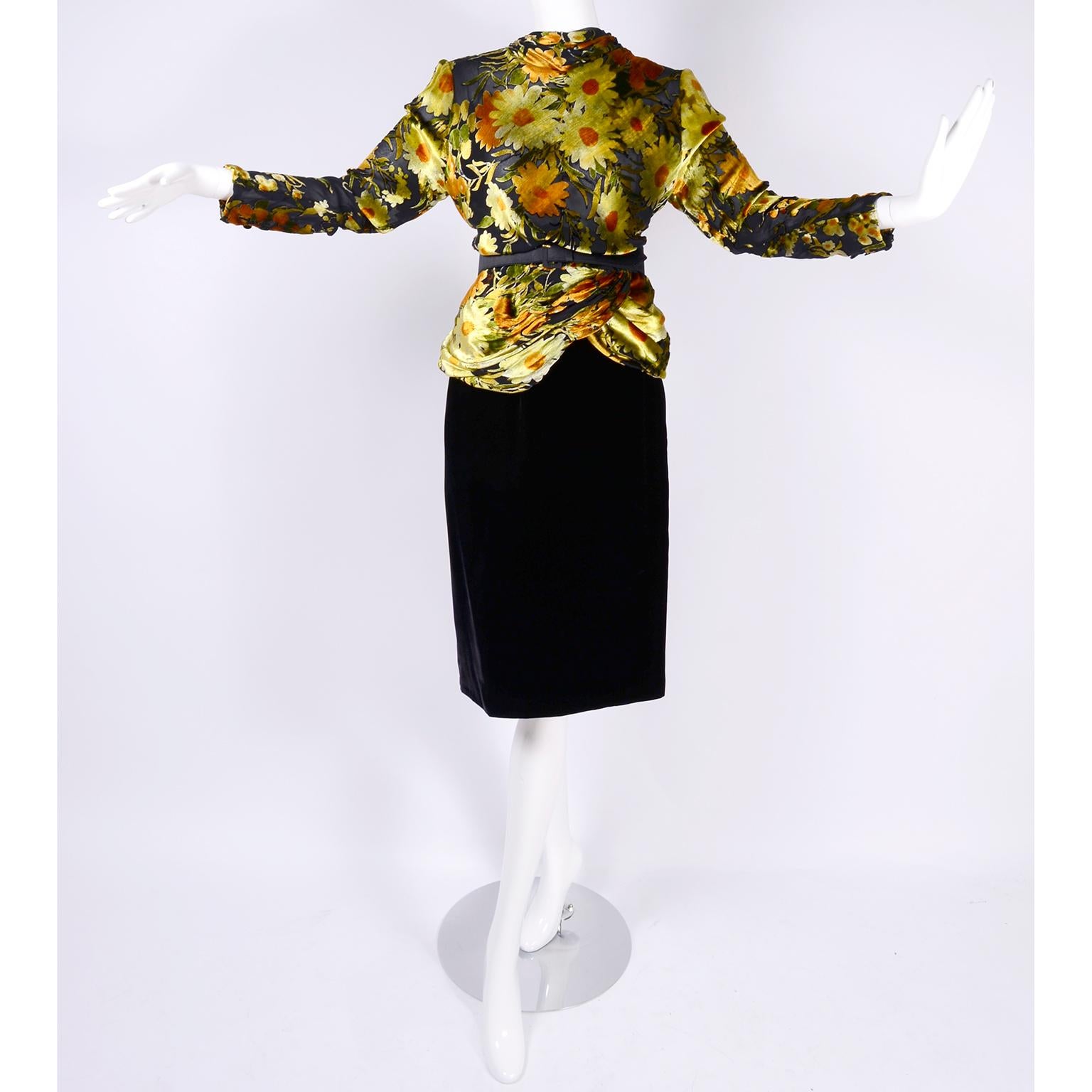 Valentino Vintage 2 Piece Dress Yellow Burn Out Velvet Top & Black Velvet Skirt For Sale 3