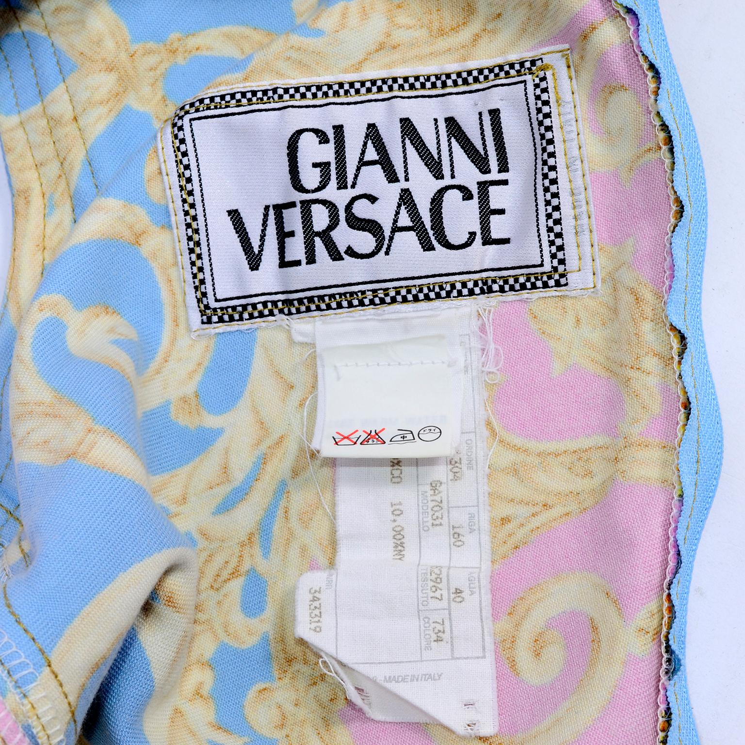 1992 VIntage Gianni Versace Dress in Pink Blue Gold Denim Atelier Medusa Print  2