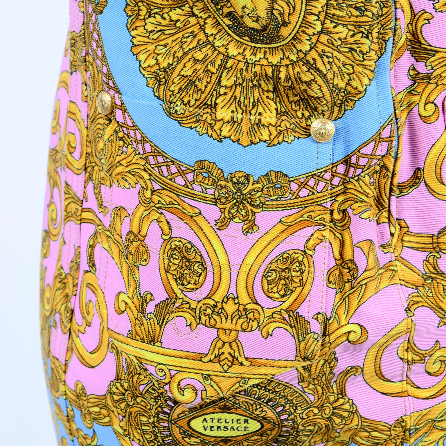 1992 VIntage Gianni Versace Dress in Pink Blue Gold Denim Atelier Medusa Print  In Excellent Condition In Portland, OR