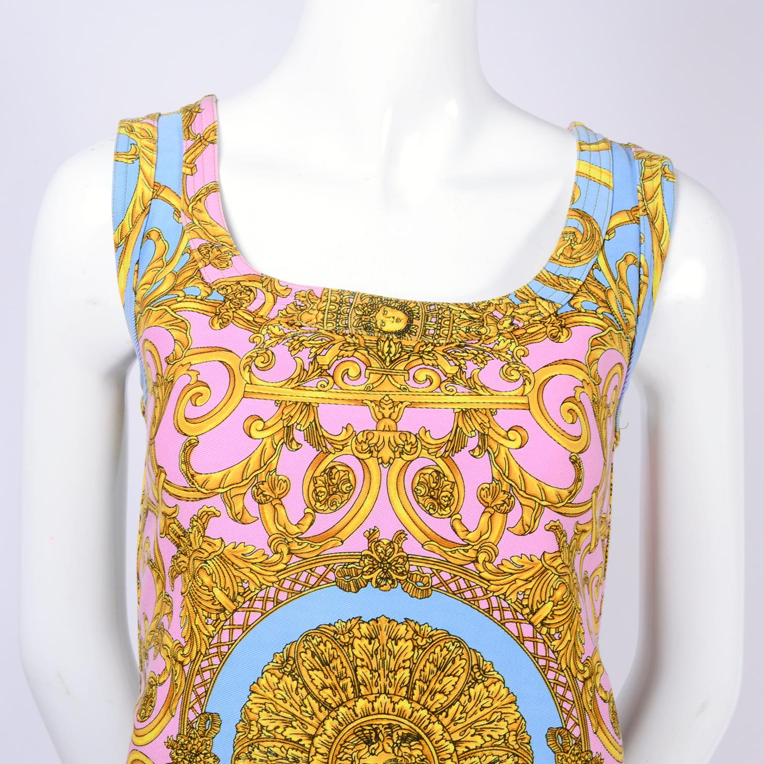 Women's 1992 VIntage Gianni Versace Dress in Pink Blue Gold Denim Atelier Medusa Print 