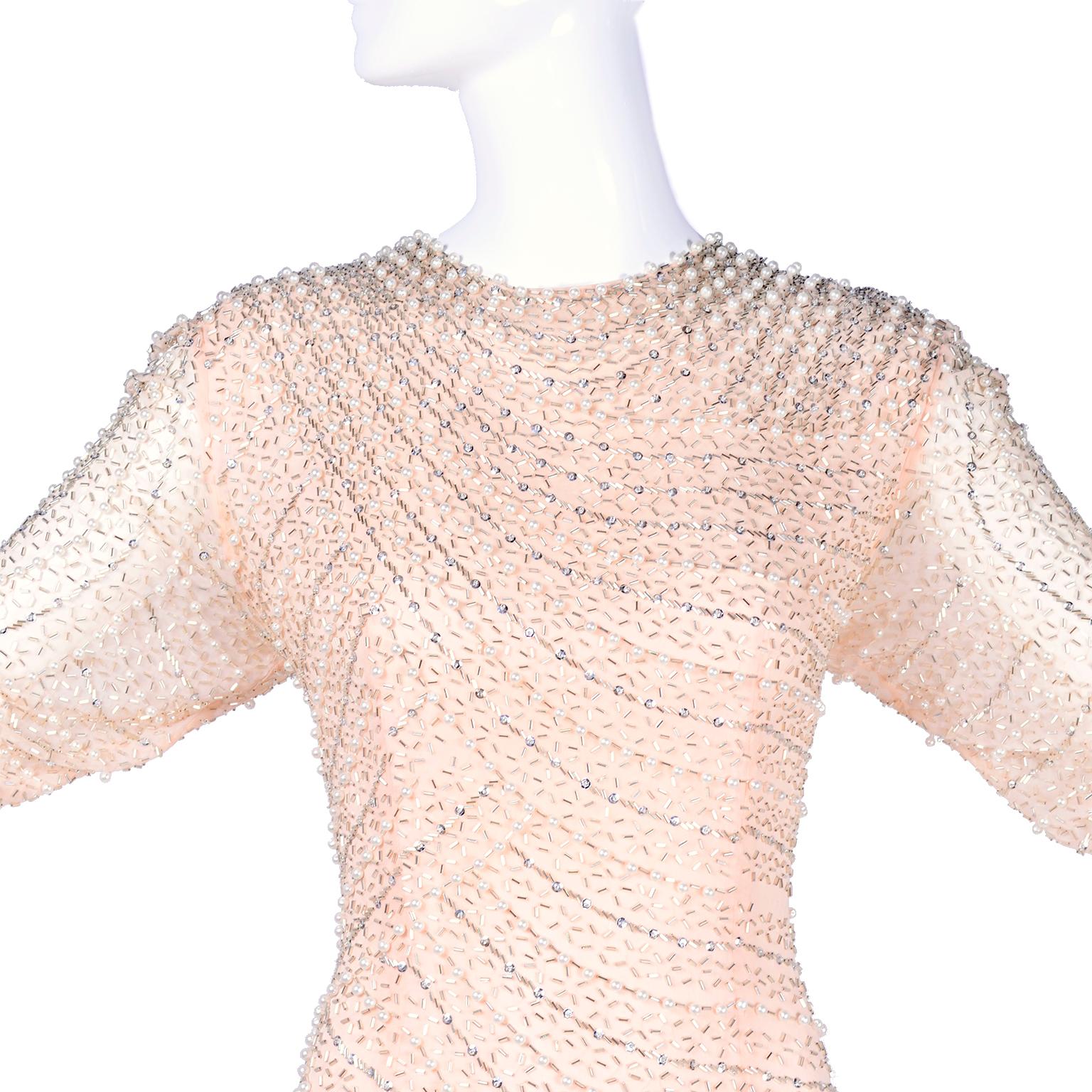White Vintage Blush Pink Silk Dress w/ Sequins & Beaded With Bugle Beads & Pearls