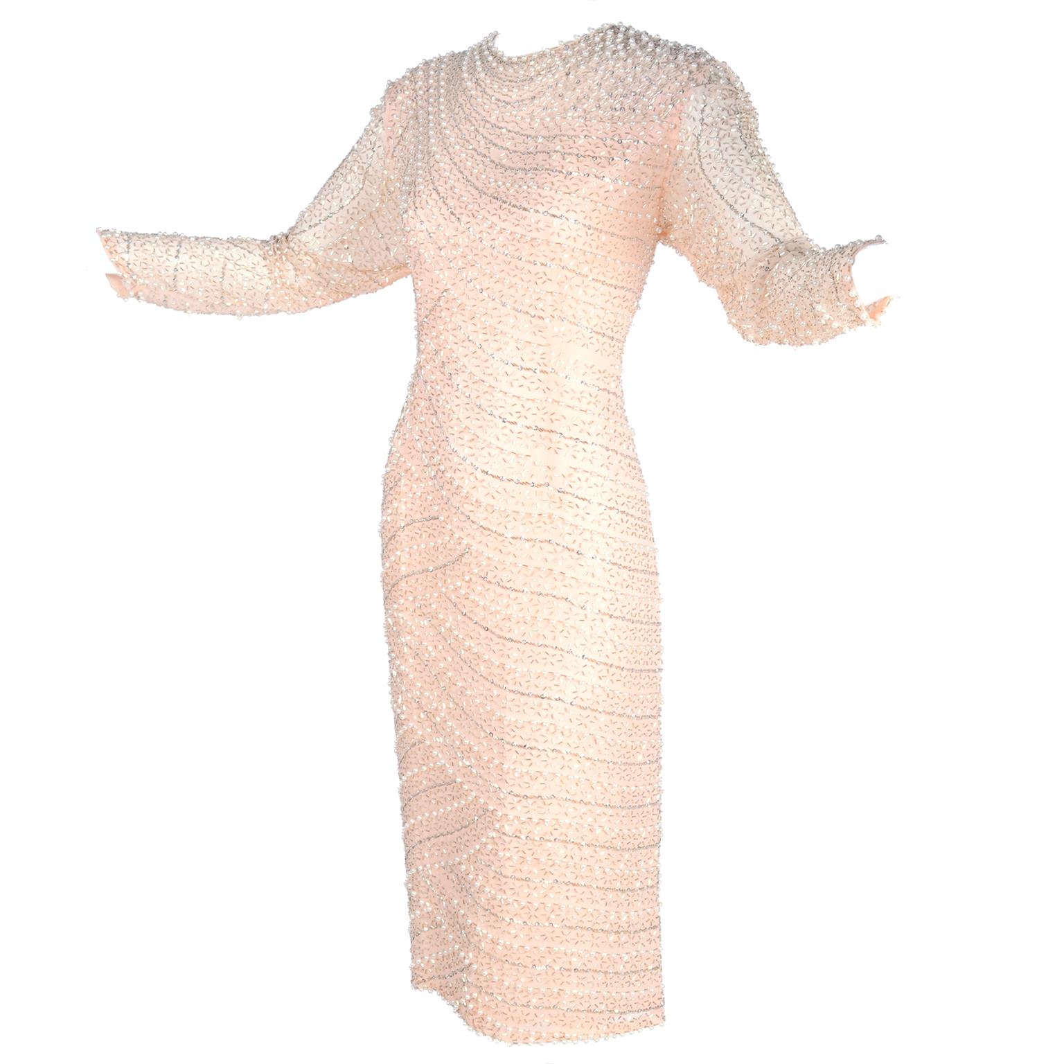 Vintage Blush Pink Silk Dress w/ Sequins & Beaded With Bugle Beads & Pearls