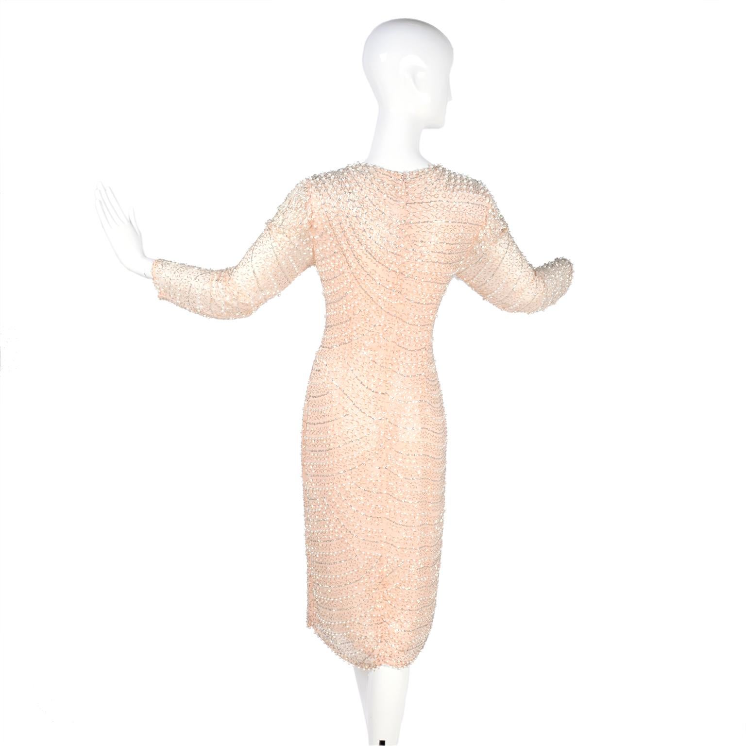 Women's Vintage Blush Pink Silk Dress w/ Sequins & Beaded With Bugle Beads & Pearls