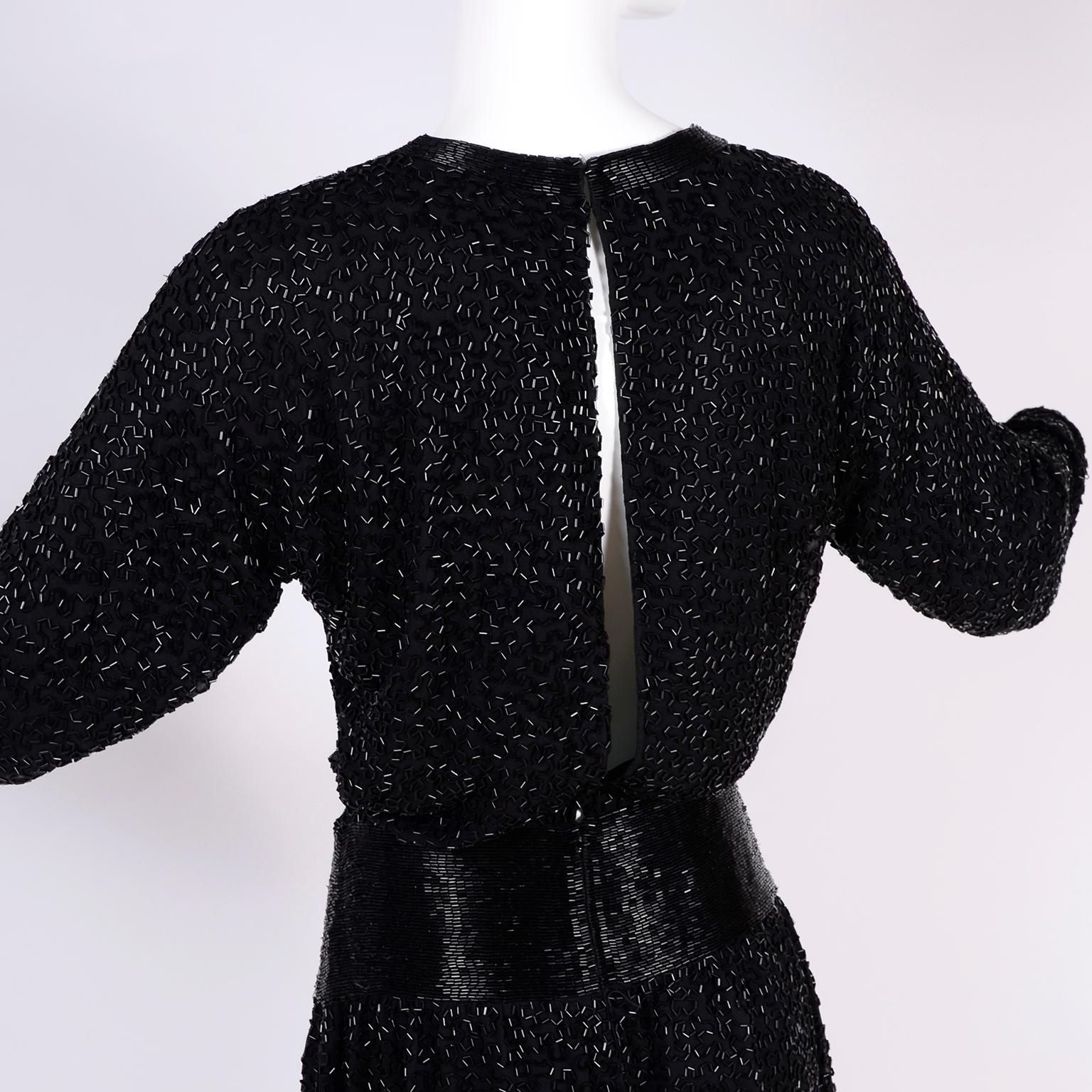 1980s Stephen Yearick Black Dress Heavily Beaded Silk With Open Back Drape For Sale 3