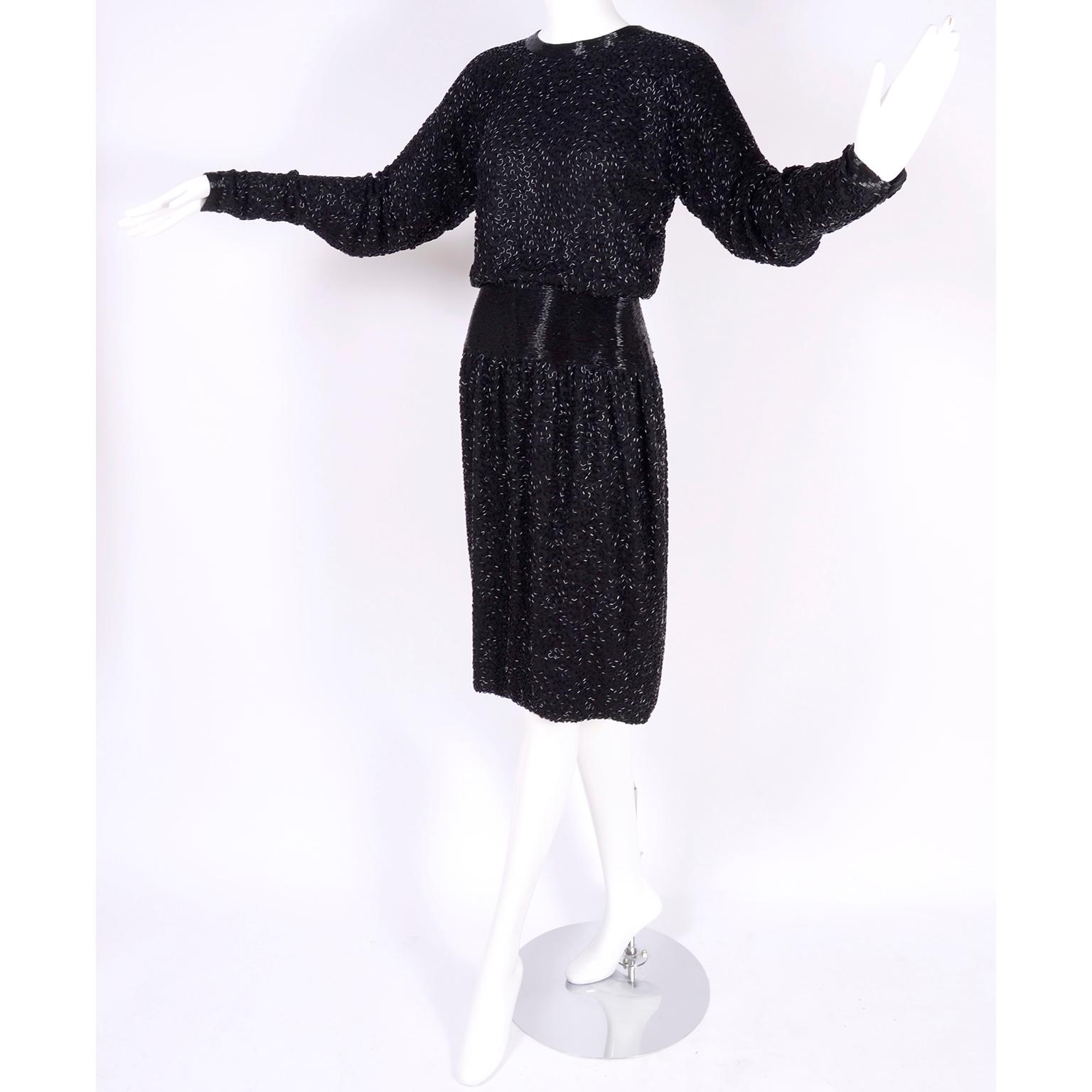 1980s Stephen Yearick Black Dress Heavily Beaded Silk With Open Back Drape For Sale 8