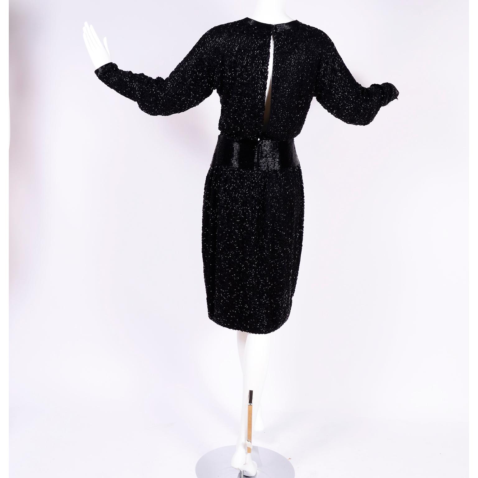 1980s Stephen Yearick Black Dress Heavily Beaded Silk With Open Back Drape For Sale 6