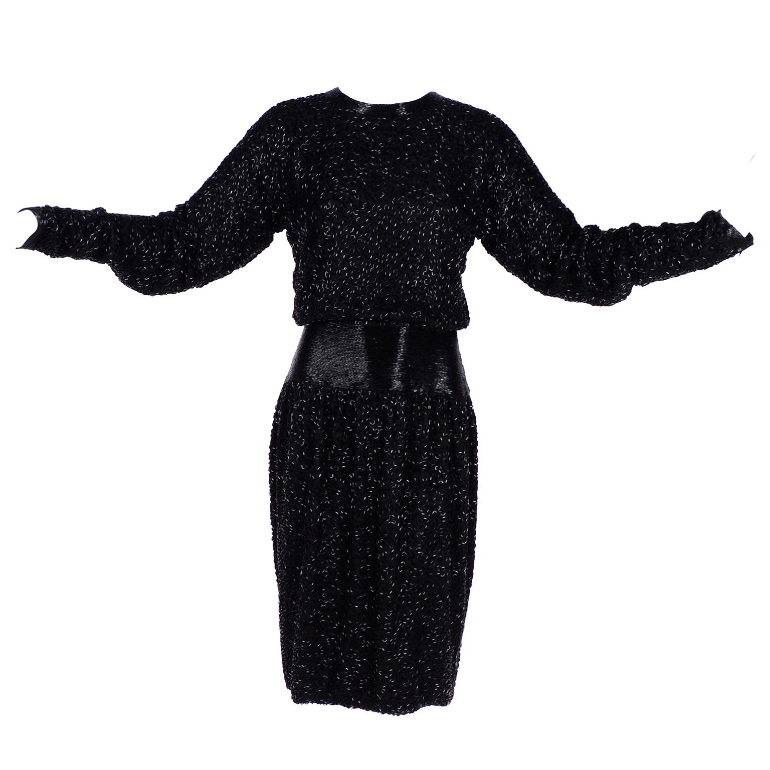 1980s Stephen Yearick Black Dress Heavily Beaded Silk With Open Back Drape For Sale