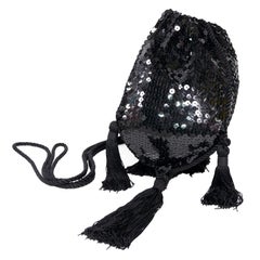 Loris Azzaro Black Handbag Vintage Evening Bag W/ Black Sequins & Fringe Tassels