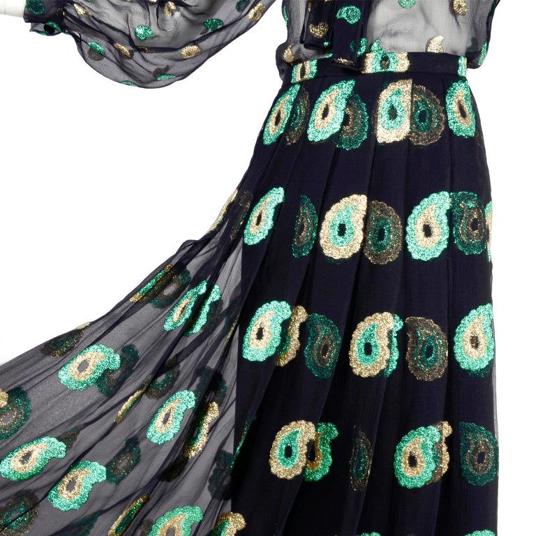Jean Patou 2pc Black Gold & Green Paisley Dot Metallic Silk Dress w Sheer Blouse For Sale 7