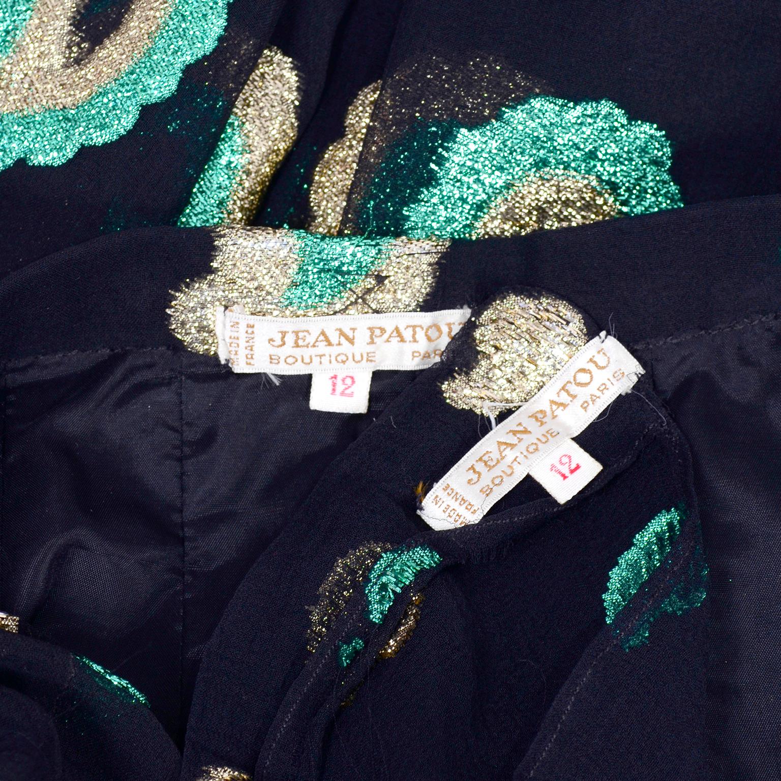 Jean Patou 2pc Black Gold & Green Paisley Dot Metallic Silk Dress w Sheer Blouse For Sale 6