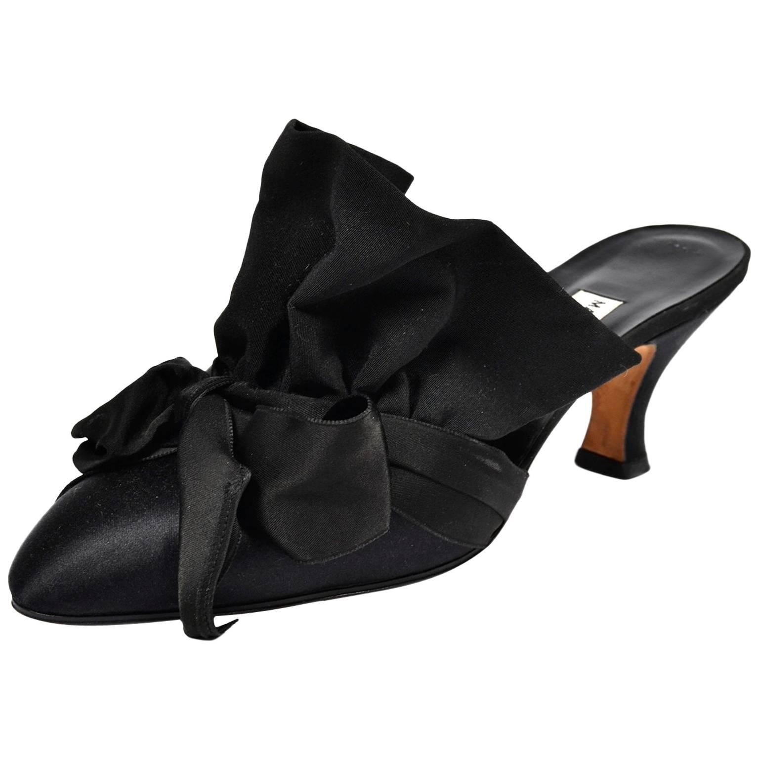 Rare Vintage Manolo Blahnik Black Ruffled Satin Bow Shoes Mules Size 39.5