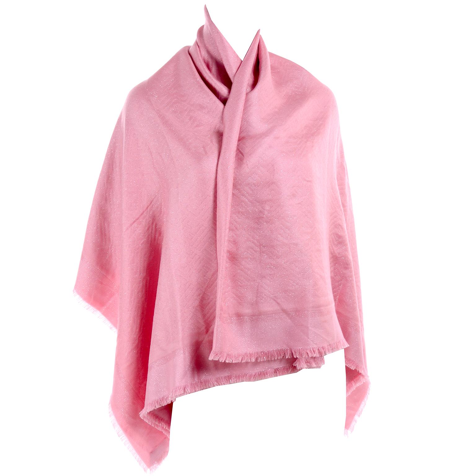 Fendi Pink Silk Glitter Jacquard Logo Scarf or Wrap With Fringe  In New Condition In Portland, OR