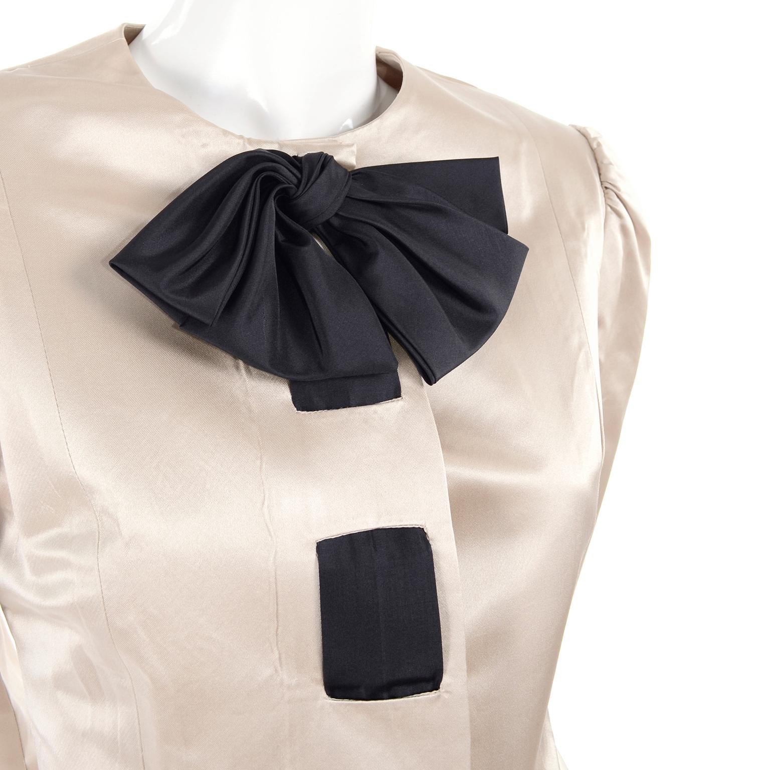 Beige Albert Nipon Early Vintage Rayon Silk Satin 2 Pc Dress Skirt Suit With Black Bow For Sale