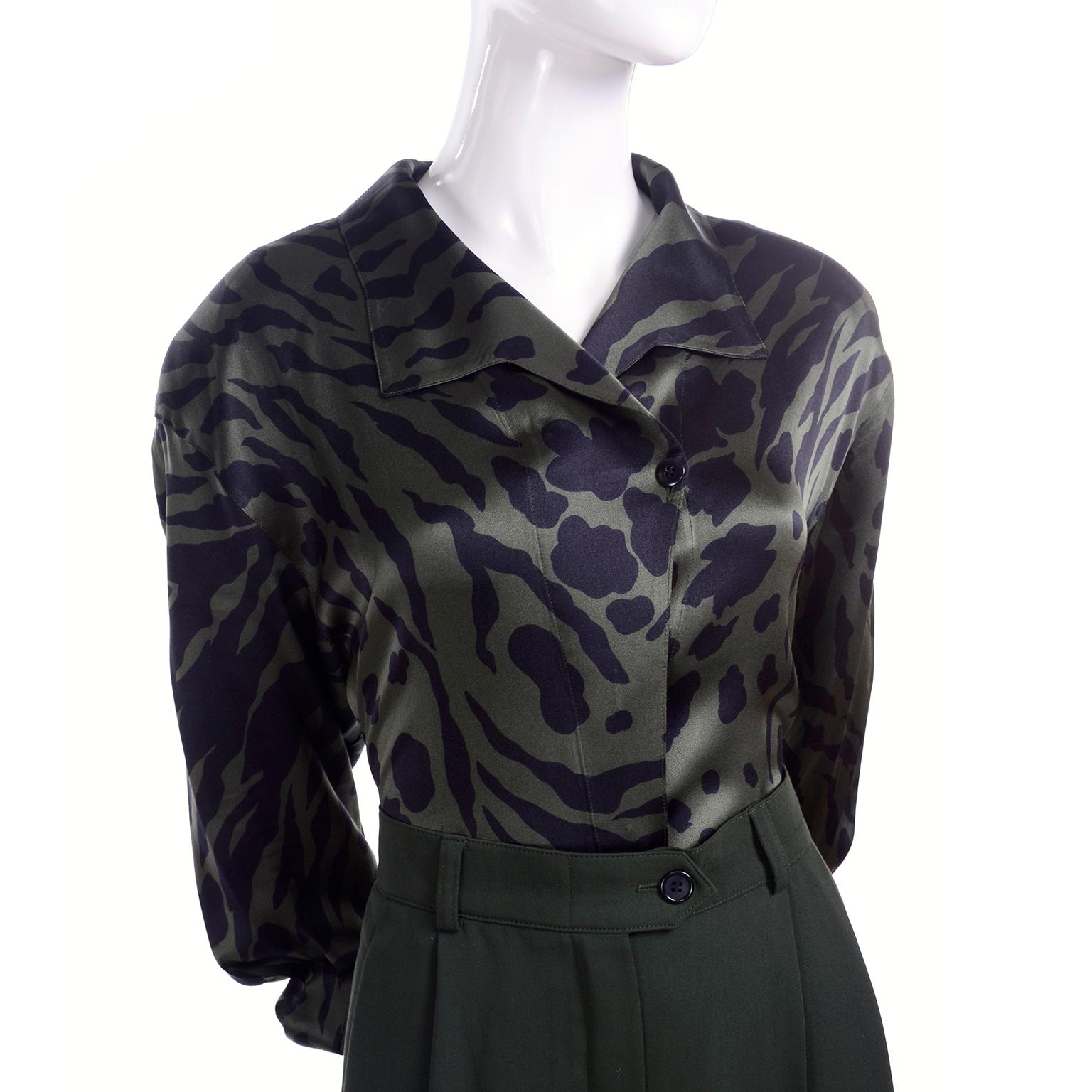 Women's 1980s Escada Navy Blue & Green 3 pc Trouser Pant Suit & Animal Print Silk Blouse For Sale