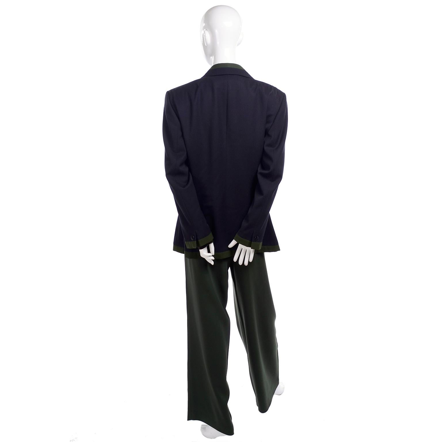 1980s Escada Navy Blue & Green 3 pc Trouser Pant Suit & Animal Print Silk Blouse For Sale 10