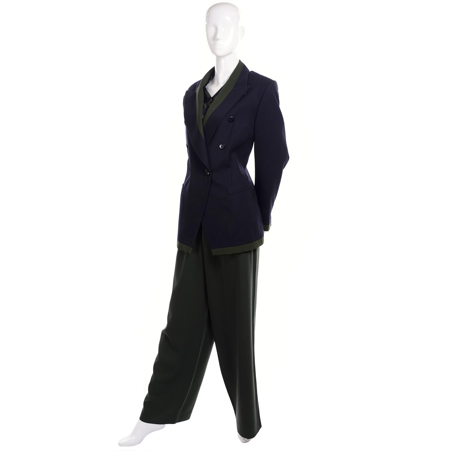 Black 1980s Escada Navy Blue & Green 3 pc Trouser Pant Suit & Animal Print Silk Blouse For Sale