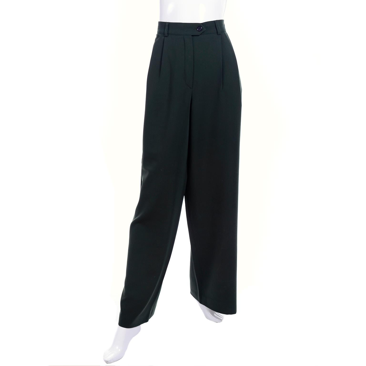 1980s Escada Navy Blue & Green 3 pc Trouser Pant Suit & Animal Print Silk Blouse For Sale 1