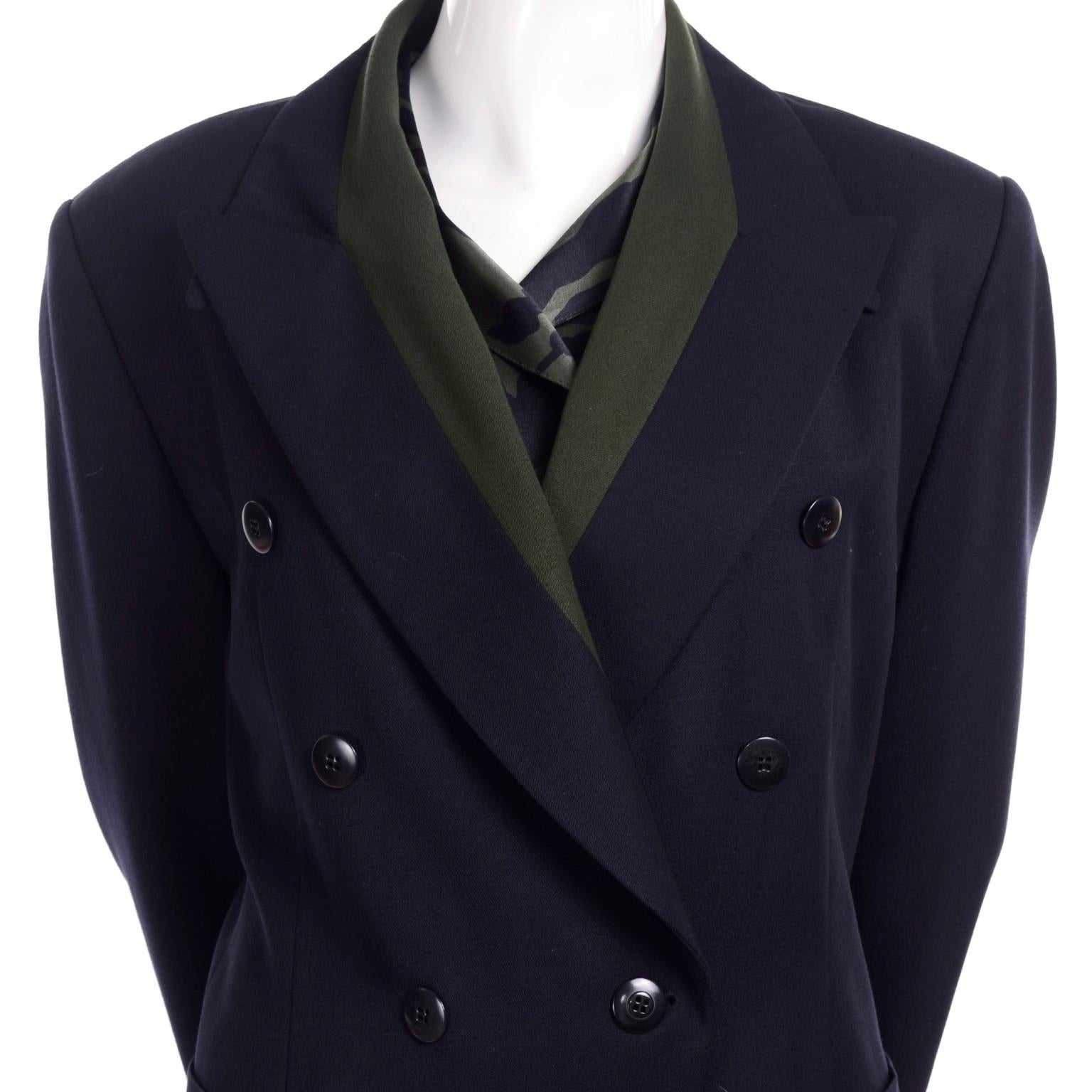 1980s Escada Navy Blue & Green 3 pc Trouser Pant Suit & Animal Print Silk Blouse For Sale 3