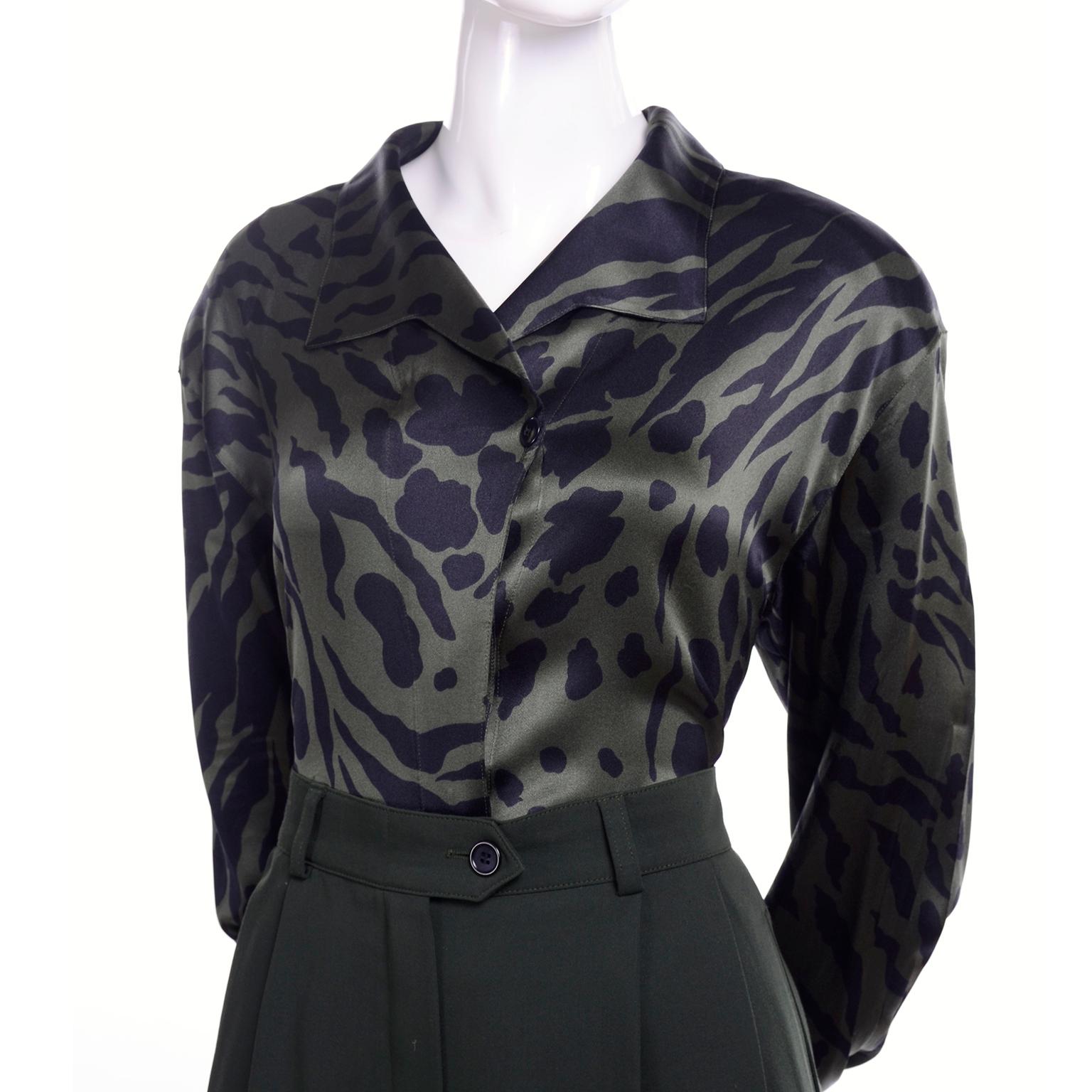 1980s Escada Navy Blue & Green 3 pc Trouser Pant Suit & Animal Print Silk Blouse For Sale 8