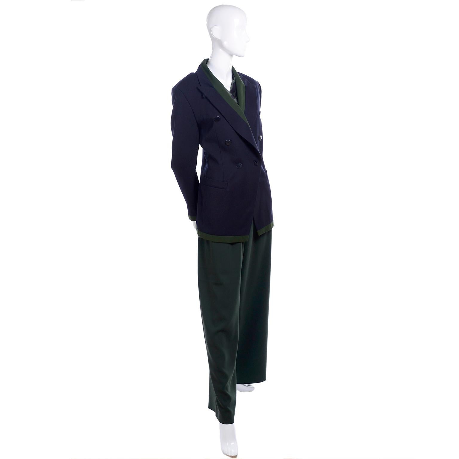 1980s Escada Navy Blue & Green 3 pc Trouser Pant Suit & Animal Print Silk Blouse In Excellent Condition For Sale In Portland, OR