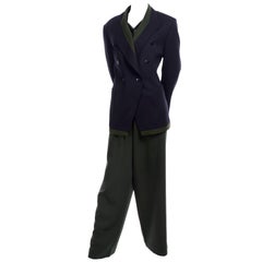 1980s Escada Navy Blue & Green 3 pc Trouser Pant Suit & Animal Print Silk Blouse
