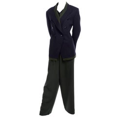 Vintage 1980s Escada Navy Blue & Green 3 pc Trouser Pant Suit & Animal Print Silk Blouse