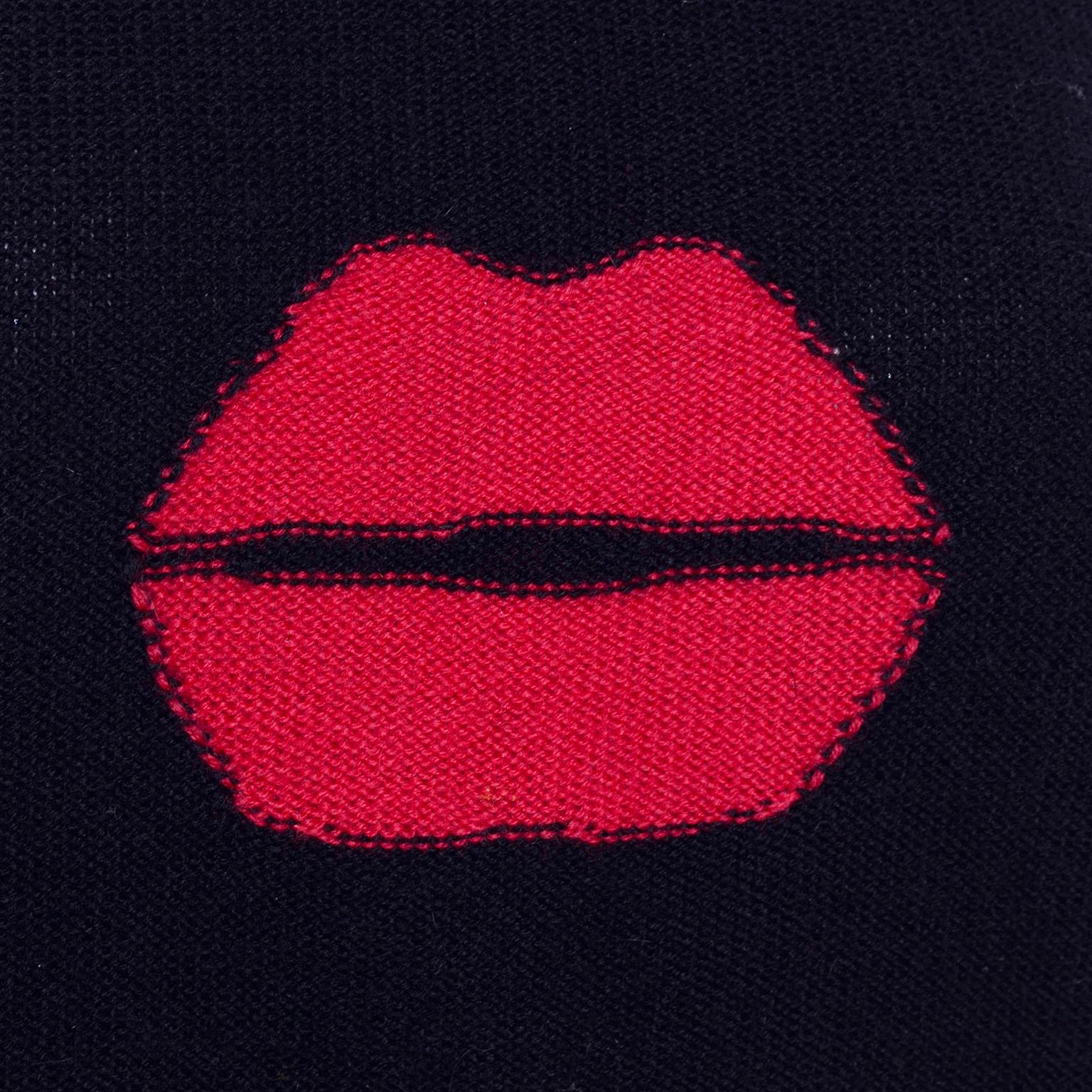 Women's 1980s Sonia Rykiel Vintage Black and Red Kiss Sweater in Angora Wool Blend