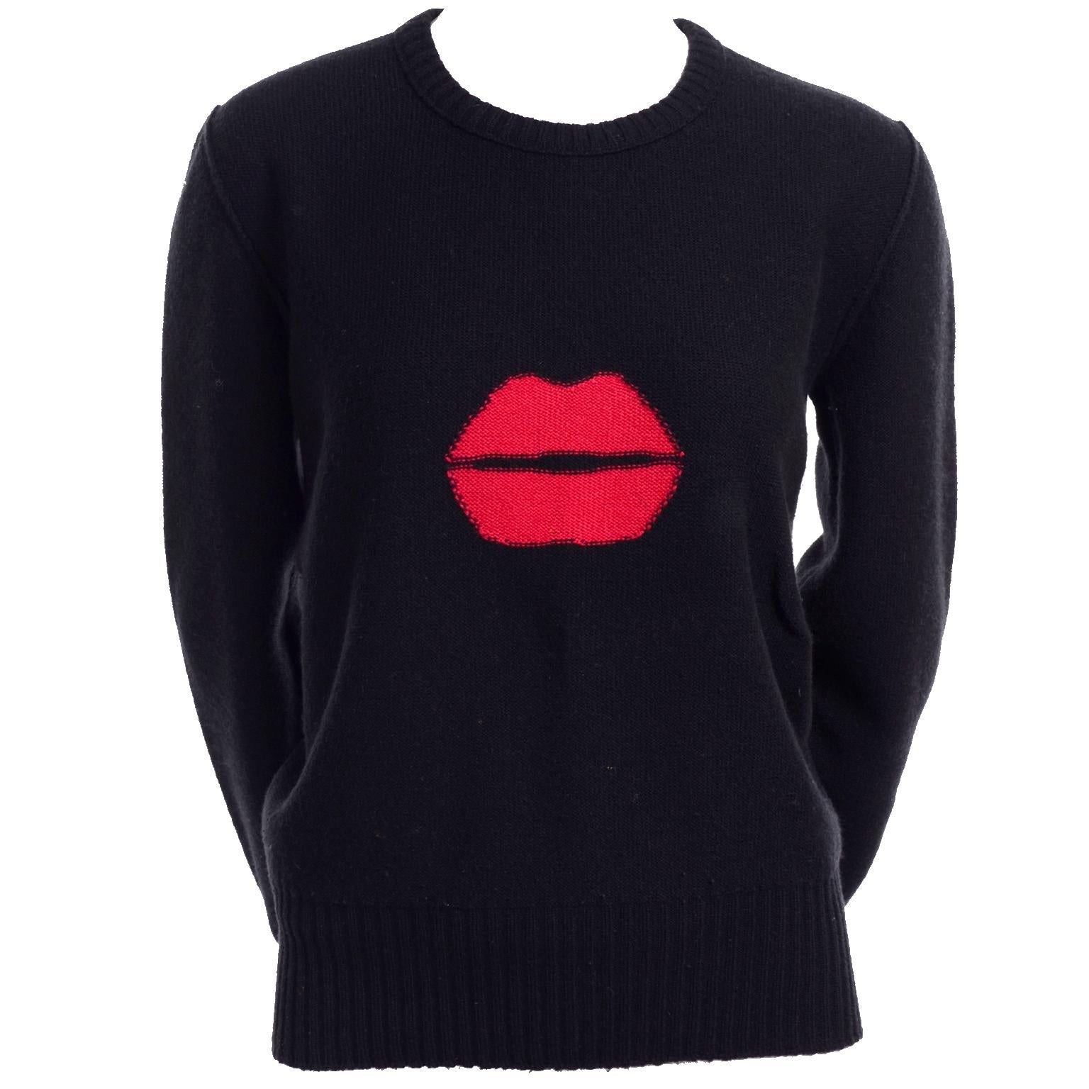 1980s Sonia Rykiel Vintage Black and Red Kiss Sweater in Angora Wool Blend